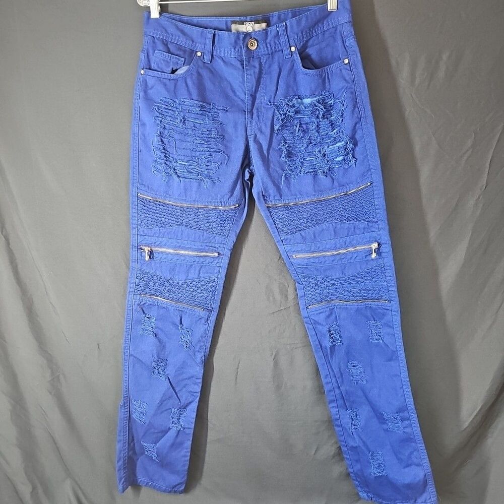 focus mens brand pants 34×34 Blue Distressed Ripped Look Zippers